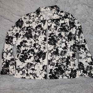 Studio Works Jacket Womens M Petite Black White Lightweight Zip Up Casual Floral